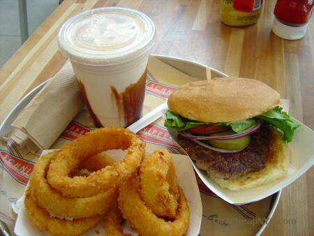 Schnipper's Quality Kitchen Black & White Shake, Onion Rings and Hamburger - © DirtCheapNYC.com